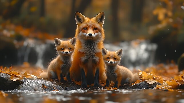 Red fox family by waterfall