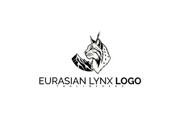 Obraz premium Powerful Eurasian Lynx Logo Design in Black and White Silhouette. Perfect for Bold Brand Identity, Sports Mascots, Outdoor Apparel, and Nature Reserve Visual Branding.