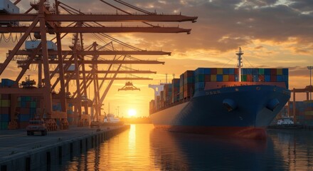 A large cargo ship docked at a port during sunset, surrounded by cranes.