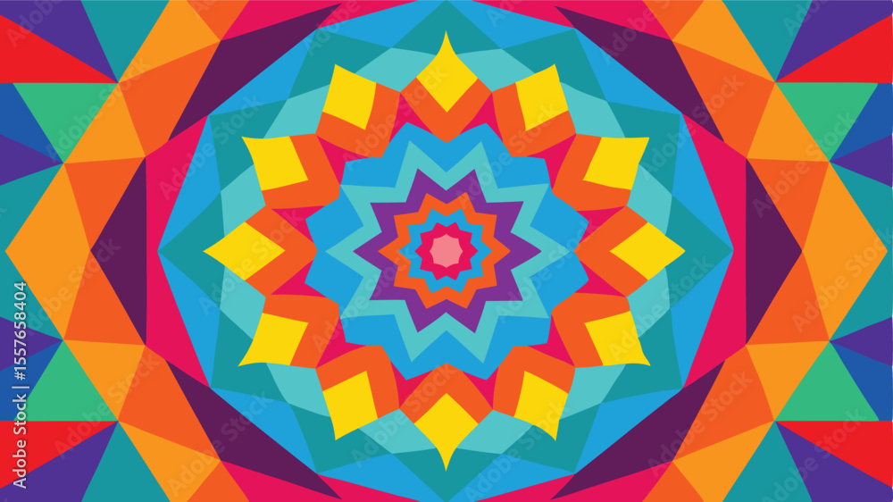 Poster vibrant geometric abstract design with symmetrical colorful polygon shapes on transparency