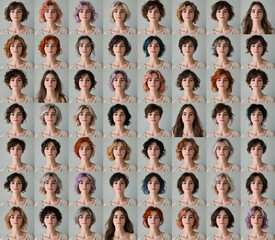 Collage of photos of women with different haircuts and hair colors, style selection concept. Generative AI