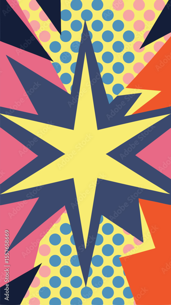 Poster vibrant pop art abstract composition with overlapping geometric shapes and colorful elements
