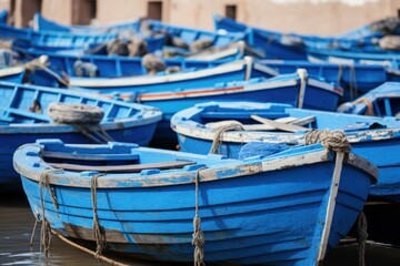 Fototapeta premium Traditional blue wooden fishing boats rest serenely in the harbor of essaouira, morocco, showcasing the vibrant maritime culture