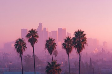 Pink and Purple City Skyline with Palm Trees at Sunset