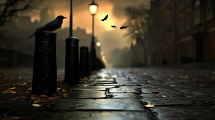 Mysterious Night Street with Dramatic Lighting and Atmospheric Fog