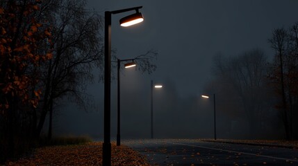 Mysterious Night Street with Dramatic Lighting and Atmospheric Fog