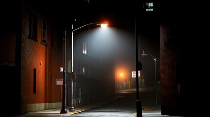 Mysterious Night Street with Dramatic Lighting and Atmospheric Fog