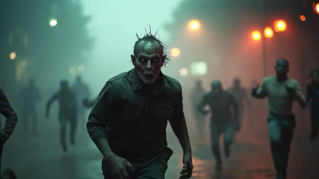 Scary zombie is running after you attacks, chasing. Undead person wants to eat your brains. Walking dead corpse. Frightening human creature. After apocalypse world, man infecting people.