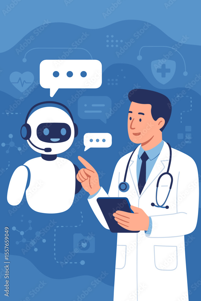 Poster doctor consults ai medical chatbot using a tablet. artificial intelligence and machine learning in h