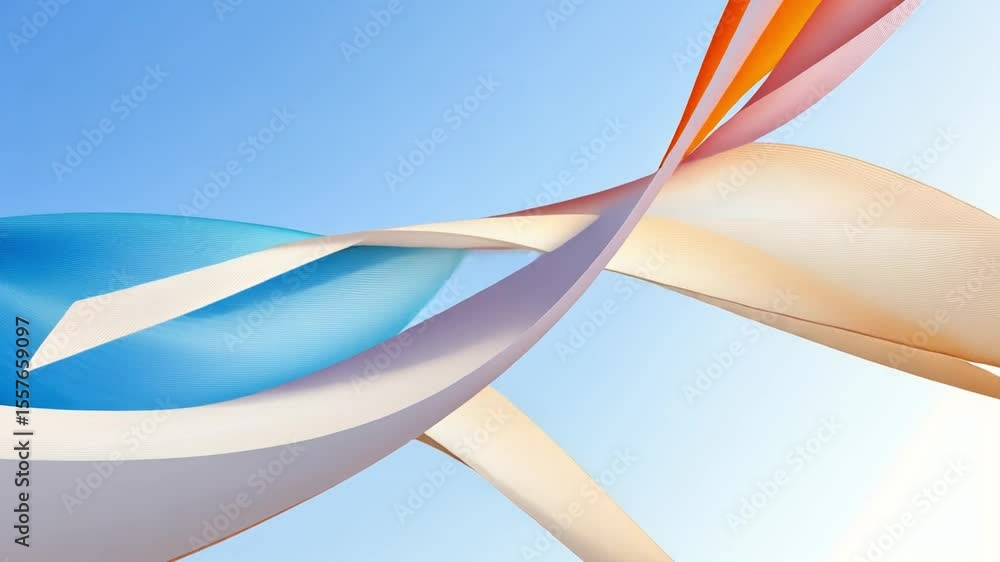Poster Abstract Colorful Ribbons: Dynamic, colorful ribbons intertwine against a clear blue sky, creating an abstract image of movement and connection.