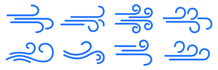 Wind blow line icon set, fresh cloud air speed symbol. Wind blow air line sign. Windy weather symbol - vector