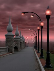 Fantasy Halloween Night Streets with Lanterns and Surreal Architecture