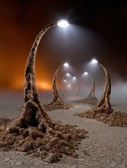 Surreal fantasy street scene with glowing lanterns and dreamlike architecture at night