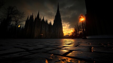 Mysterious Night Street with Glowing Lanterns and Gothic Architecture