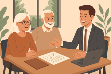 Financial advisor consulting senior couple on retirement plan. Elderly people meeting with consultant to discuss investment, savings and pension. Wealth management concept vector.