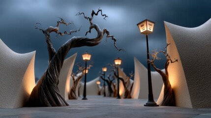 Fantasy Halloween Night Streets with Lanterns and Surreal Architecture