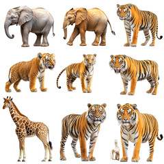 Obraz premium A Vibrant Collection of Majestic Animals: Elephants and Tigers Representing Nature's Diversity and Beauty in the Wild
