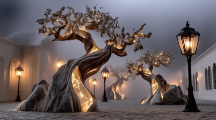 Fantasy Halloween Night Streets with Lanterns and Surreal Architecture