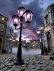 Mystical Night Street and Surreal Cityscape with Glowing Lamps