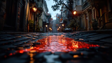 Glowing Lava Reflections on a Cobblestone Street at Night