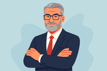Confident senior businessman with crossed arms. Portrait of a successful mature CEO or manager. Male professional with grey hair and beard in a suit. Corporate leadership concept.