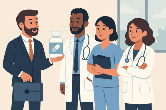 Pharmaceutical representative presenting a new drug to a diverse healthcare team. Multiethnic doctors and nurse listen to a pharma sales rep in a hospital. Medical collaboration concept. Vector.