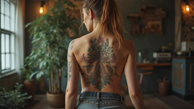 rear view of young woman with tattooed back