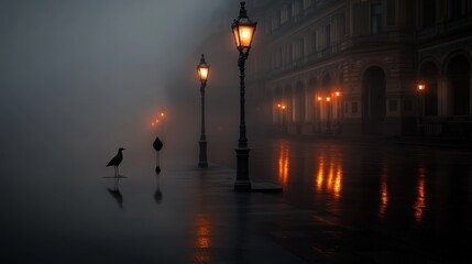 Mysterious Night Street with Dramatic Lighting and Atmospheric Fog