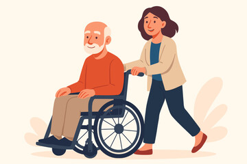 Fototapeta premium Elderly man in wheelchair being assisted by caregiver woman. Senior care, disability support, healthcare service, nursing home, rehabilitation, mobility aid. Flat vector cartoon illustration.