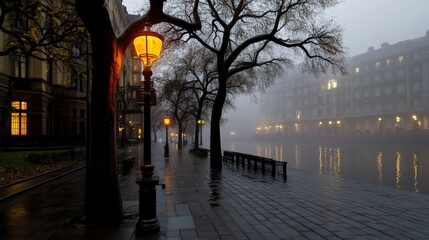Misty Riverside Promenade with Warm Streetlights