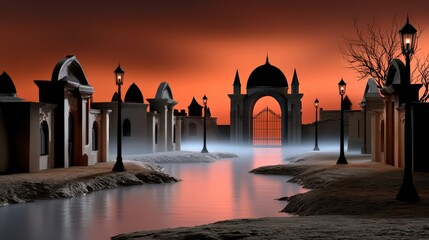 Mystical Night Street and Surreal Cityscape with Glowing Lamps