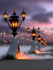 Surreal fantasy street scene with glowing lanterns and dreamlike architecture at night