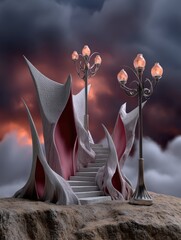 Surreal Fantasy Staircase with Ornate Street Lamps