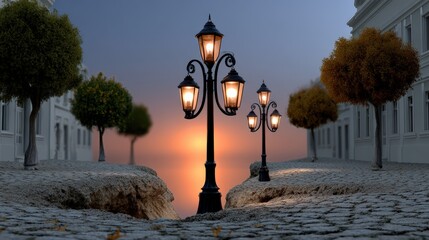 Mystical Night Street and Surreal Cityscape with Glowing Lamps