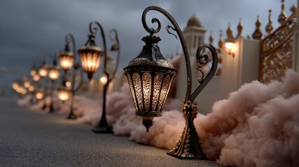 Mystical Night Street and Surreal Cityscape with Glowing Lamps