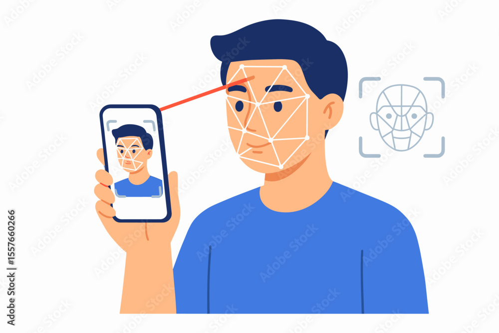 Poster face recognition technology vector. man scanning face with smartphone for biometric identification, 