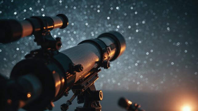 Close-up of telescope eyepiece and focusing knobs against a softly lit night sky