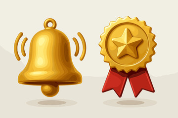 3D golden notification bell and award medal icon set. Realistic vector illustration of a ringing alert symbol and a quality guarantee star rosette with red ribbon for web design.