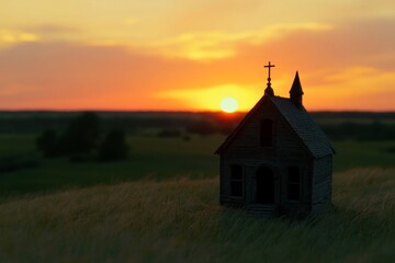 Fototapeta premium Stone Church Silhouette at Sunset in a Field