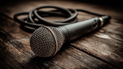 Obraz premium Dynamic microphone resting on a wooden table with coiled XLR cable beside it