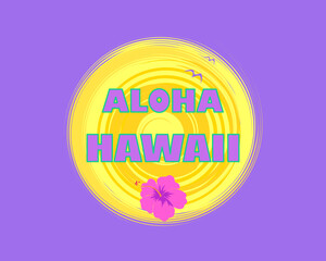 Typography violet banner with hot yellow sun and Aloha Hawaii lettering