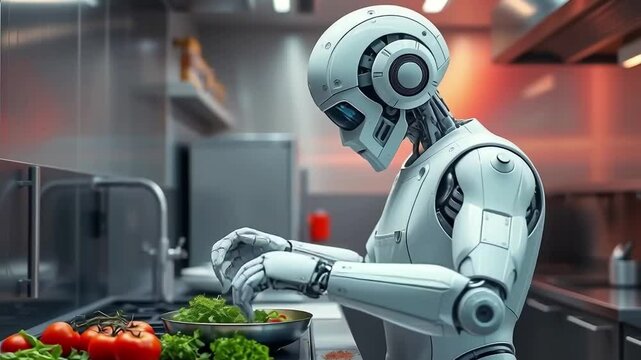 Humanoid robot chef preparing fresh vegetable salad in professional kitchen representing future food automation