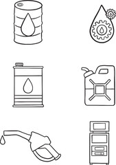 set of six black and white line art illustrations showing oil and fuel icons: barrels, a jerrycan, a fuel nozzle, a pump station, and an oil drop with a gear. Ideal for energy, industry, or transport.