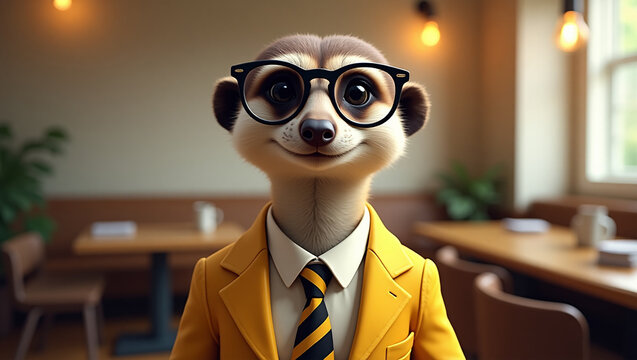 A cute meerkat in a yellow suit, black glasses, and a striped tie strikes a confident pose in an office-like setting, radiating charm and intelligence, ready for any business challenge - Powered by Adobe