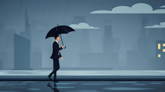 Person in suit walks in rain with umbrella city backdrop lamppost puddle reflections stylized minimalist design