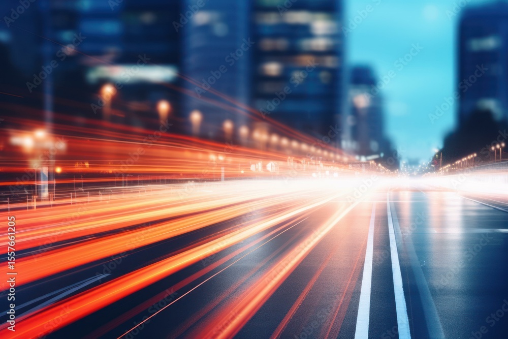 Poster blurred car lights creating colorful trails on a highway at dusk with modern city skyline in backgro