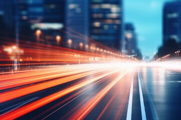 Obraz premium Blurred car lights creating colorful trails on a highway at dusk with modern city skyline in background