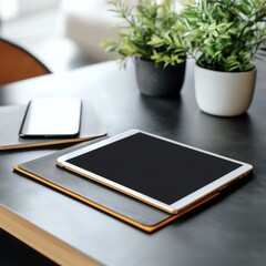 Modern Workspace: A sleek and organized workspace with a focus on technology and natural elements, inviting productivity and creativity.