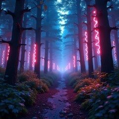 A misty forest path lined with tall trees, each adorned with glowing pink neon lights, creating a surreal and futuristic atmosphere. Generative, AI,