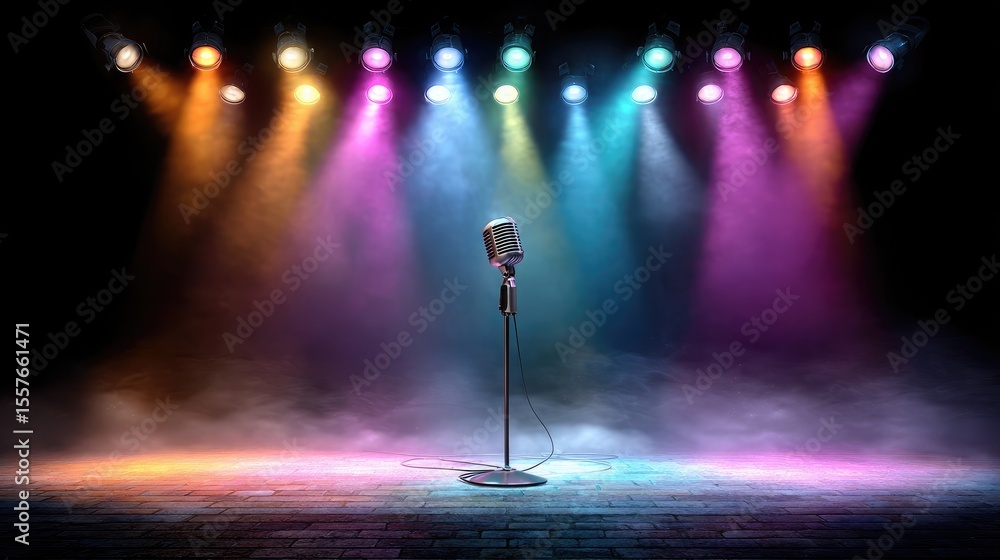 Poster live stage setup with microphone in front of colored stage lights and fog effects